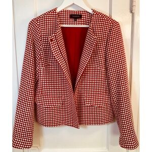Talbots Red White Polka Dot Textured Tweed Blazer Jacket Collarless Zip / SZ 12